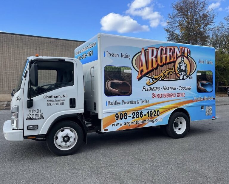 Full printed box truck wrap for Argent Plumbing, Heating & Cooling, Chatham NJ, by Lombardo Lettering