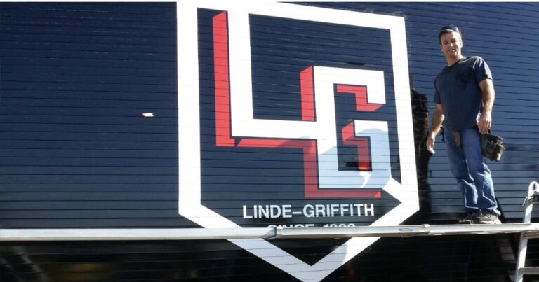 Painted building logo sign for Linde-Griffith, by Lombardo Lettering, New Jersey