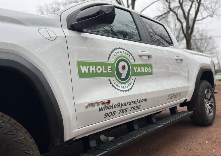 Truck door lettering for Whole 9 Yards Lawn Care & Landscape, by Lombardo Lettering, New Jersey