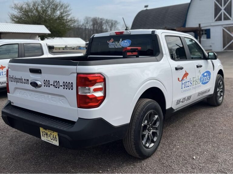 Pickup truck lettering and tailgate phone number for Fitz's Fish Ponds, by Lombardo Lettering, New Jersey