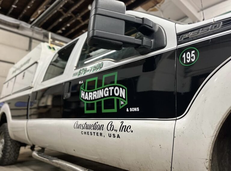 Pickup truck door lettering and unit number for Harrington & Sons Construction, Chester, by Lombardo Lettering