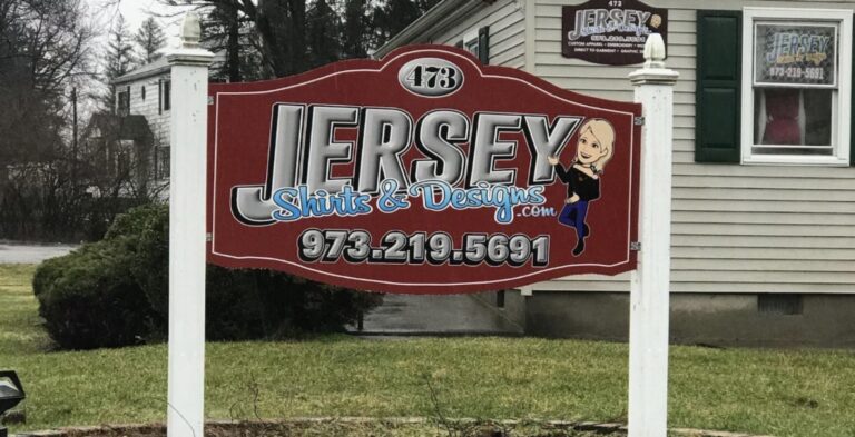 Post and panel business sign for Jersey Shirts & Designs, by Lombardo Lettering, New Jersey