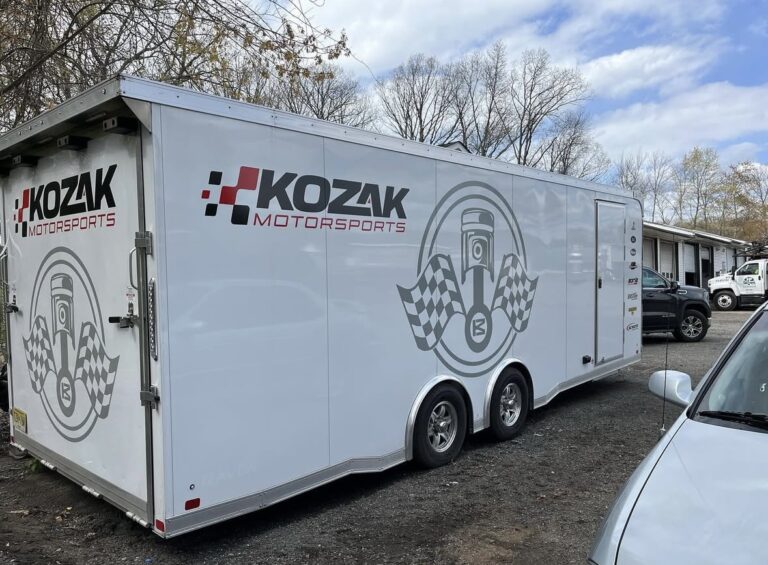 Race car trailer graphics for Kozak Motorsports, by Lombardo Lettering, New Jersey