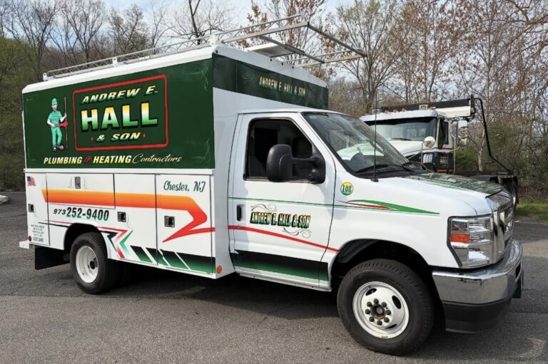 Service body truck lettering for Andrew E. Hall & Son Plumbing & Heating, Chester NJ, by Lombardo Lettering