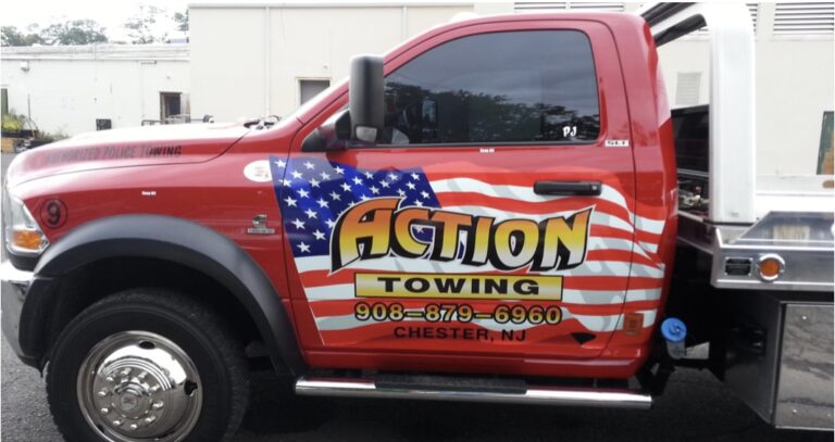 Tow truck door graphics with American flag for Action Towing, Chester NJ, by Lombardo Lettering