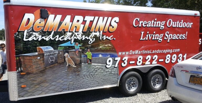 Printed trailer graphics for DeMartinis Landscaping, by Lombardo Lettering, New Jersey
