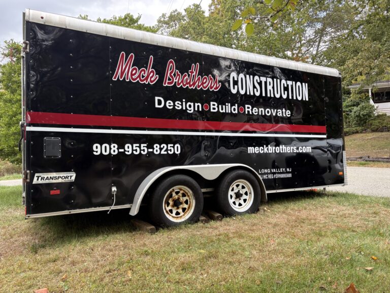 Enclosed trailer lettering for Meck Brothers Construction, Long Valley NJ, by Lombardo Lettering