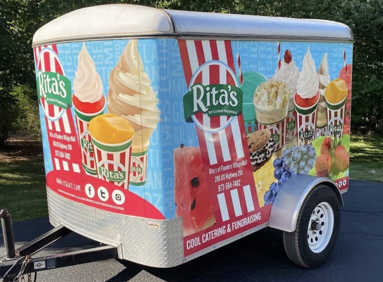 Printed catering trailer wrap for Rita's, Flanders NJ, by Lombardo Lettering