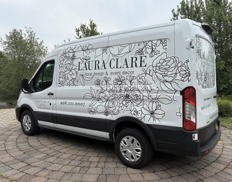 Floral line-art van graphics for Laura Clare Floral Design & Event Decor, by Lombardo Lettering, New Jersey