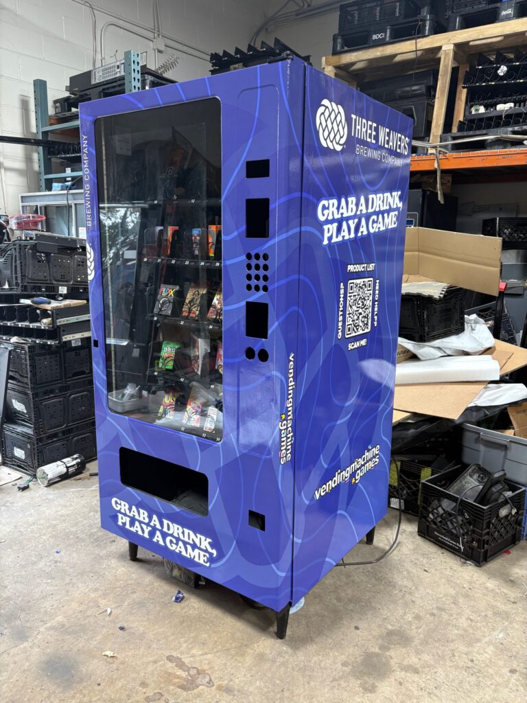 Printed vending machine wrap, "Grab a Drink, Play a Game", by Lombardo Lettering, New Jersey