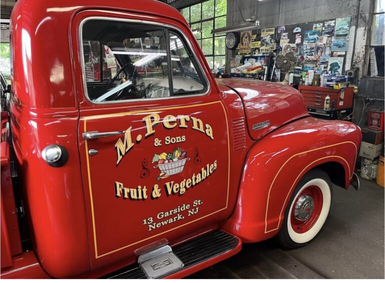 Vintage pickup door lettering for M. Perna & Sons Fruit & Vegetables, Newark NJ, by Lombardo Lettering