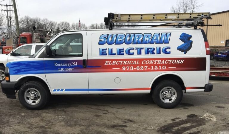 Work van graphics with license number for Suburban Electric, Rockaway NJ, by Lombardo Lettering