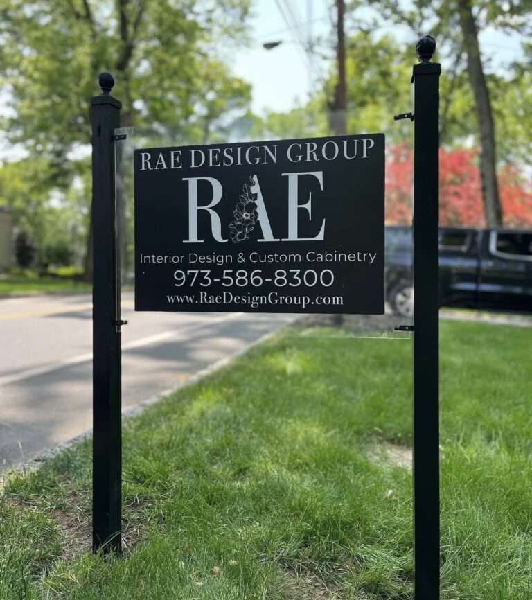 Post-mounted business sign for RAE Design Group, by Lombardo Lettering, New Jersey